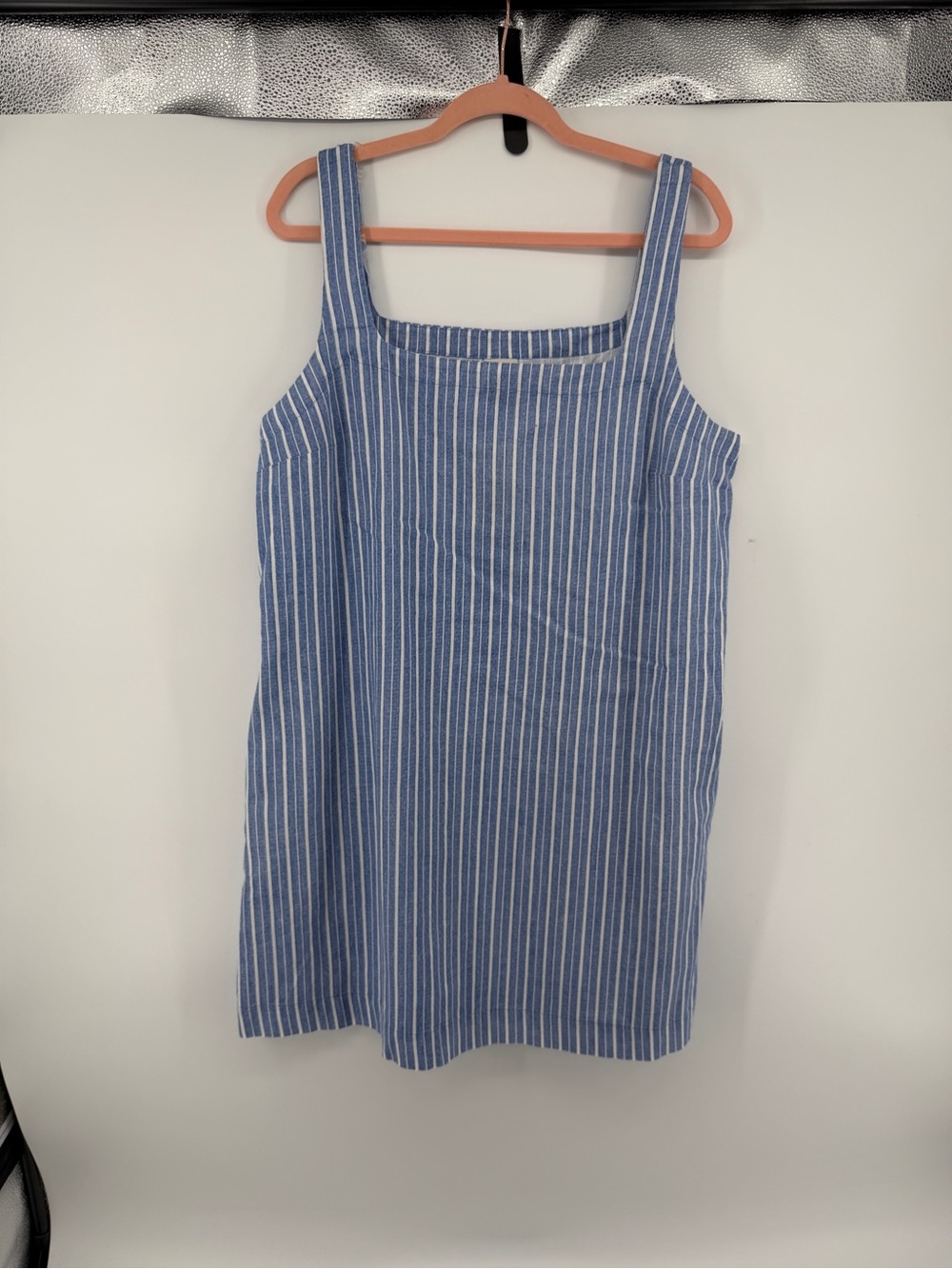Coastal Grandma Nautical Preppy Square Neck Blue/White‎ Striped Midi Dress SzL